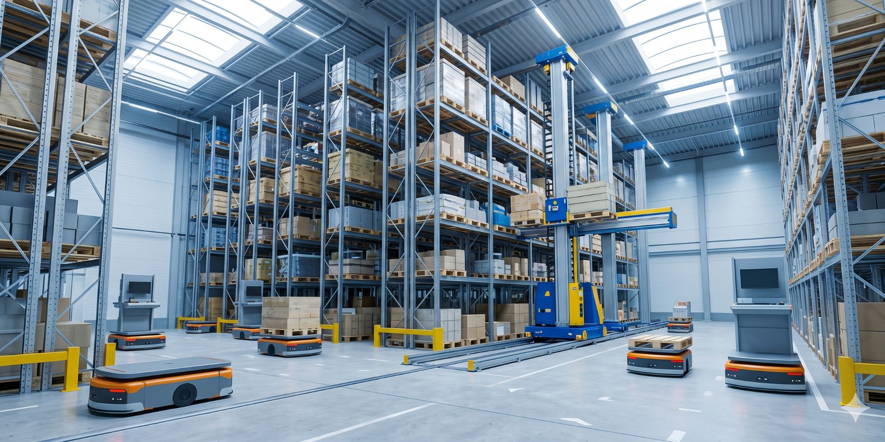 Ausschnitt eines hochautomatisierten Hochregallagers mit Roboter-Regalbediengeräten und fahrerlosen Transportsystemen (AGV) für effiziente Paletten- und Paketbewegung.